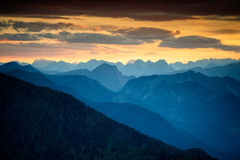 Europe-Italy-Friuli Venezia Giulia-Foggy Monte Lussari mountain at sunset White Modern Wood Framed Art Print with Double Matting by Jaynes Gallery