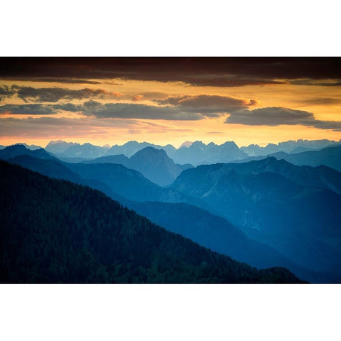 Europe-Italy-Friuli Venezia Giulia-Foggy Monte Lussari mountain at sunset Black Modern Wood Framed Art Print by Jaynes Gallery