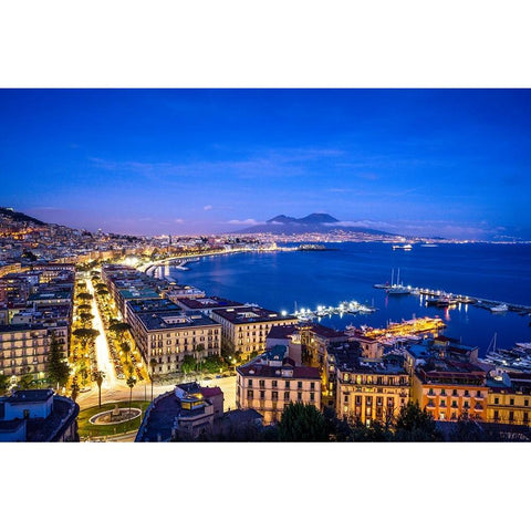 Europe-Italy-Naples-Overview of city with Mt-Vesuvius at sunset Black Modern Wood Framed Art Print by Jaynes Gallery
