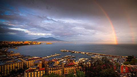 Europe-Italy-Naples-Overview of city and Mt-Vesuvius with rainbow White Modern Wood Framed Art Print with Double Matting by Jaynes Gallery