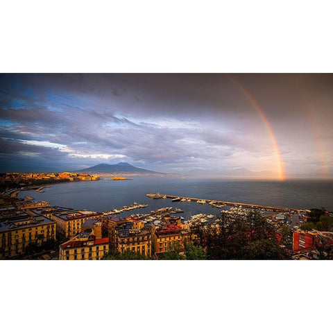 Europe-Italy-Naples-Overview of city and Mt-Vesuvius with rainbow Gold Ornate Wood Framed Art Print with Double Matting by Jaynes Gallery