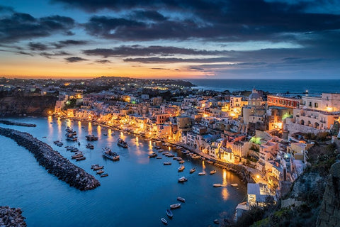 Europe-Italy-Procida-Overview of city and Marina Corricella at sunset White Modern Wood Framed Art Print with Double Matting by Jaynes Gallery