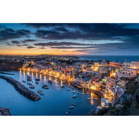 Europe-Italy-Procida-Overview of city and Marina Corricella at sunset Gold Ornate Wood Framed Art Print with Double Matting by Jaynes Gallery