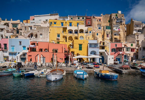 Europe-Italy-Procida-City houses and boats in Marina Corricella Black Ornate Wood Framed Art Print with Double Matting by Jaynes Gallery