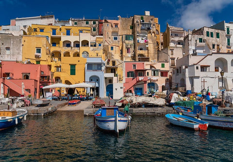 Europe-Italy-Procida-City houses and boats in Marina Corricella White Modern Wood Framed Art Print with Double Matting by Jaynes Gallery