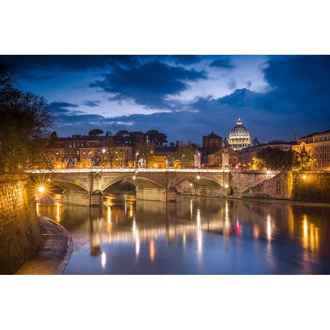Europe-Italy-Rome-Dome of Sistine Chapel with Tiber River and bridge lit at sunset Black Modern Wood Framed Art Print with Double Matting by Jaynes Gallery
