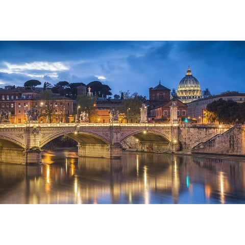 Europe-Italy-Rome-Dome of Sistine Chapel with Tiber River and bridge lit at sunset Black Modern Wood Framed Art Print by Jaynes Gallery