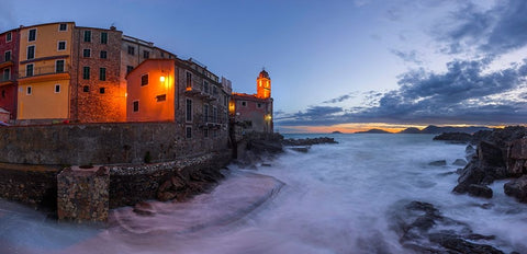 Europe-Italy-Tellaro-Panoramic of village and sea at sunset Black Ornate Wood Framed Art Print with Double Matting by Jaynes Gallery