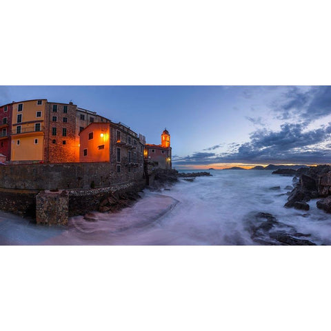 Europe-Italy-Tellaro-Panoramic of village and sea at sunset White Modern Wood Framed Art Print by Jaynes Gallery