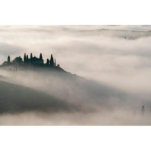 Europe-Italy-Tuscany-Val dOrcia-Belvedere farmhouse at sunrise with fog Black Modern Wood Framed Art Print by Jaynes Gallery