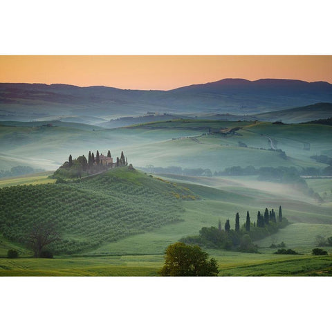 Europe-Italy-Tuscany-Val d Orcia-Belvedere farmhouse at sunrise Black Modern Wood Framed Art Print with Double Matting by Jaynes Gallery