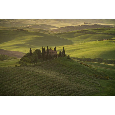 Europe-Italy-Tuscany-Val dOrcia-Belvedere farmhouse at sunrise  Black Modern Wood Framed Art Print by Jaynes Gallery