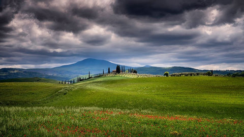 Europe-Italy-Tuscany-Val d Orcia-Farmland under stormy sky White Modern Wood Framed Art Print with Double Matting by Jaynes Gallery