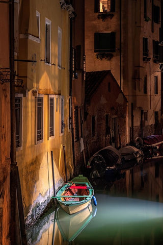 Europe-Italy-Venice-Wooden boat and reflections on still canal at night White Modern Wood Framed Art Print with Double Matting by Jaynes Gallery