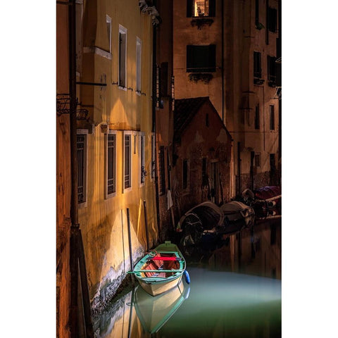 Europe-Italy-Venice-Wooden boat and reflections on still canal at night Black Modern Wood Framed Art Print with Double Matting by Jaynes Gallery