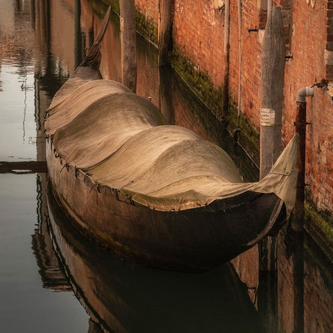 Europe-Italy-Venice-Covered old gondola on canal White Modern Wood Framed Art Print with Double Matting by Jaynes Gallery