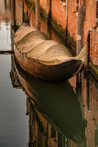 Europe-Italy-Venice-Covered old gondola on canal Black Ornate Wood Framed Art Print with Double Matting by Jaynes Gallery