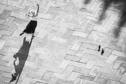 Europe-Italy-Venice-Black and white of tourist poising for photo on San Marco Square White Modern Wood Framed Art Print with Double Matting by Jaynes Gallery