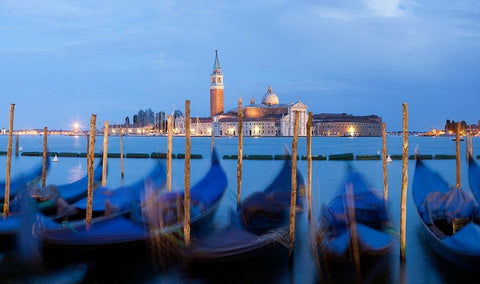 Europe-Italy-Venice-Sunset on gondolas and Church of San Giorgio Maggiore White Modern Wood Framed Art Print with Double Matting by Jaynes Gallery