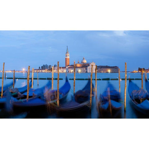 Europe-Italy-Venice-Sunset on gondolas and Church of San Giorgio Maggiore Black Modern Wood Framed Art Print by Jaynes Gallery