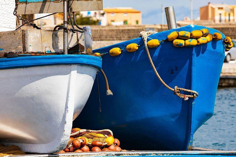 Palermo Province-Santa Flavia Small fishing boats in the harbor of the fishing village White Modern Wood Framed Art Print with Double Matting by Wilson, Emily