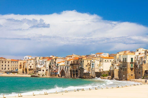 Palermo Province-Cefalu The beach on the Mediterranean Sea in the town of Cefalu White Modern Wood Framed Art Print with Double Matting by Wilson, Emily