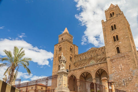 Palermo Province-Cefalu Exterior view of the towers of the Cefalu Cathedral White Modern Wood Framed Art Print with Double Matting by Wilson, Emily