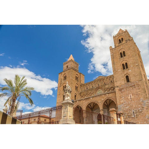 Palermo Province-Cefalu Exterior view of the towers of the Cefalu Cathedral Black Modern Wood Framed Art Print by Wilson, Emily