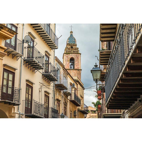 Palermo Province-Castelbuono The bell tower of Chiesa Sconsacrata Del Santissimo Crocifisso Black Modern Wood Framed Art Print by Wilson, Emily