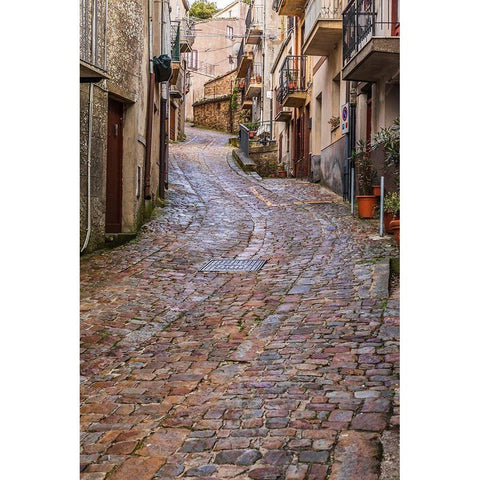 Palermo Province-Geraci Siculo Winding narrow cobblestone street in the town of Geraci Siculo Black Modern Wood Framed Art Print by Wilson, Emily