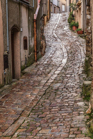 Palermo Province-Geraci Siculo Winding narrow cobblestone street in the town of Geraci Siculo Black Ornate Wood Framed Art Print with Double Matting by Wilson, Emily