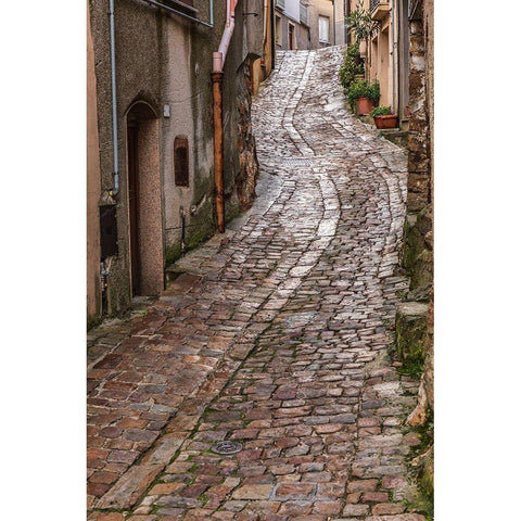 Palermo Province-Geraci Siculo Winding narrow cobblestone street in the town of Geraci Siculo Black Modern Wood Framed Art Print by Wilson, Emily
