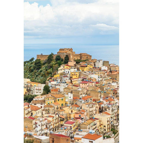 Messina Province-Caronia The medieval hilltop town Caronia-built around a Norman castle Black Modern Wood Framed Art Print by Wilson, Emily