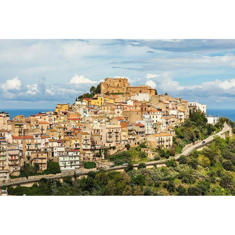 Messina Province-Caronia The medieval hilltop town Caronia-built around a Norman castle Black Modern Wood Framed Art Print by Wilson, Emily
