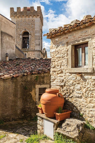 Messina Province-Montalbano Elicona Terra cotta urns next to old stone building Black Ornate Wood Framed Art Print with Double Matting by Wilson, Emily