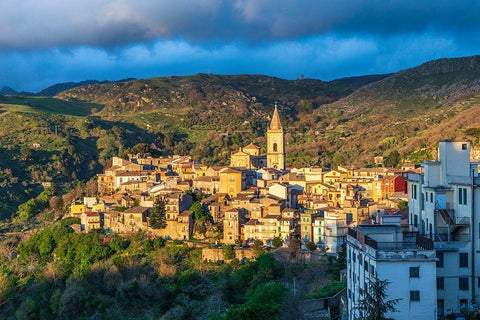 Messina Province-Novara di Sicilia The medieval hill town of Novara di Sicilia at sunset White Modern Wood Framed Art Print with Double Matting by Wilson, Emily