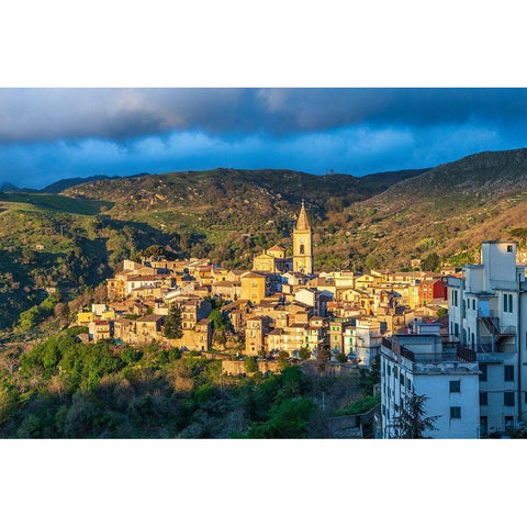 Messina Province-Novara di Sicilia The medieval hill town of Novara di Sicilia at sunset Gold Ornate Wood Framed Art Print with Double Matting by Wilson, Emily