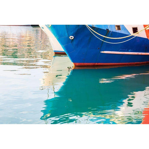 Agrigento Province-Sciacca Reflection of a fishing boat in the harbor White Modern Wood Framed Art Print by Wilson, Emily