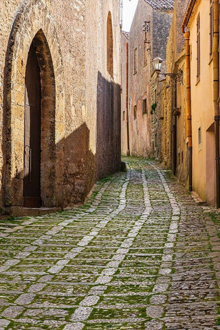 Trapani Province-Erice A narrow cobblestone street in the ancient hill town of Erice White Modern Wood Framed Art Print with Double Matting by Wilson, Emily