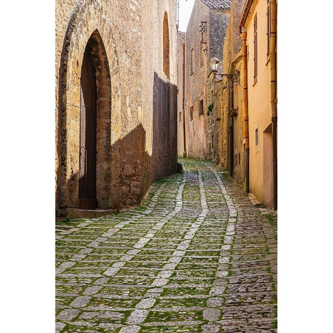 Trapani Province-Erice A narrow cobblestone street in the ancient hill town of Erice White Modern Wood Framed Art Print by Wilson, Emily