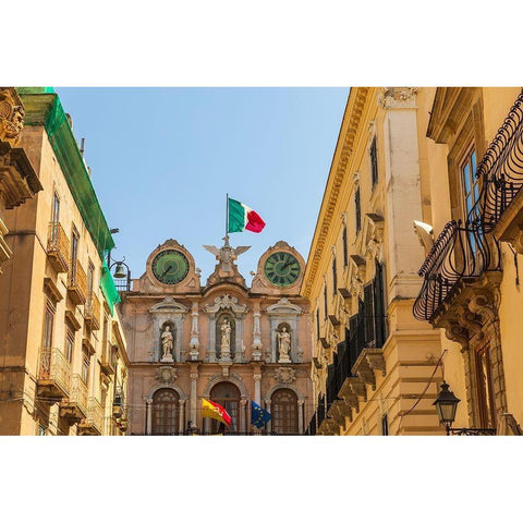 Trapani Province-Trapani Clock tower with the Italian flag in the city center of Trapani White Modern Wood Framed Art Print by Wilson, Emily