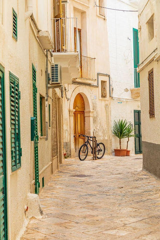 Italy-Apulia-Metropolitan City of Bari-Monopoli Narrow street between buildings-with a bicycle White Modern Wood Framed Art Print with Double Matting by Wilson, Emily