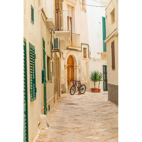 Italy-Apulia-Metropolitan City of Bari-Monopoli Narrow street between buildings-with a bicycle Black Modern Wood Framed Art Print by Wilson, Emily