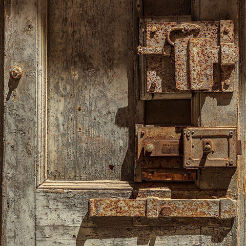 Italy-Apulia-Metropolitan City of Bari-Giovinazzo Old wooden door with massive rusted metal locks White Modern Wood Framed Art Print with Double Matting by Wilson, Emily