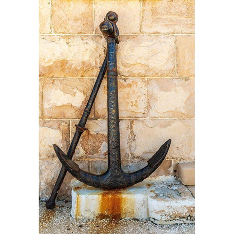 Italy-Apulia-Metropolitan City of Bari-Giovinazzo Old rusted anchor in front of a stone wall Gold Ornate Wood Framed Art Print with Double Matting by Wilson, Emily