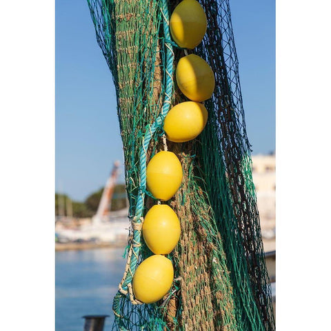 Italy-Apulia-Province of Barletta-Andria-Trani-Trani Close-up of fishing net and floats White Modern Wood Framed Art Print by Wilson, Emily