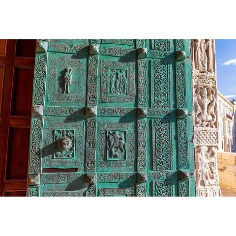 Italy-Apulia-Trani-Trani San Nicola Pellegrino cathedral Intricately carved door Black Modern Wood Framed Art Print by Wilson, Emily