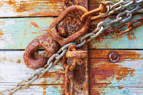Rusty lock and chain on light blue wood White Modern Wood Framed Art Print with Double Matting by Wilson, Emily