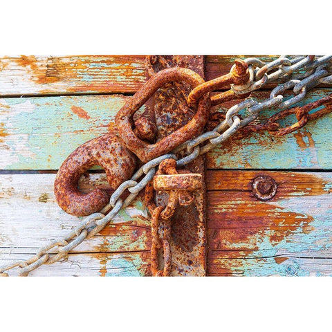 Rusty lock and chain on light blue wood Black Modern Wood Framed Art Print by Wilson, Emily