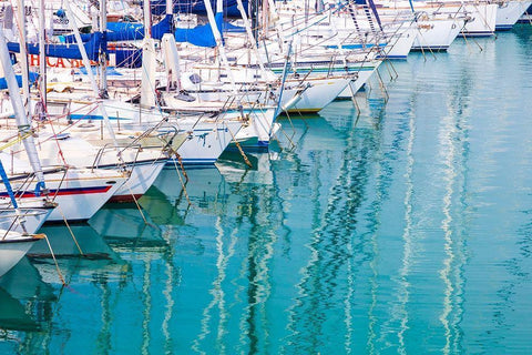 White sailboats in blue water White Modern Wood Framed Art Print with Double Matting by Wilson, Emily